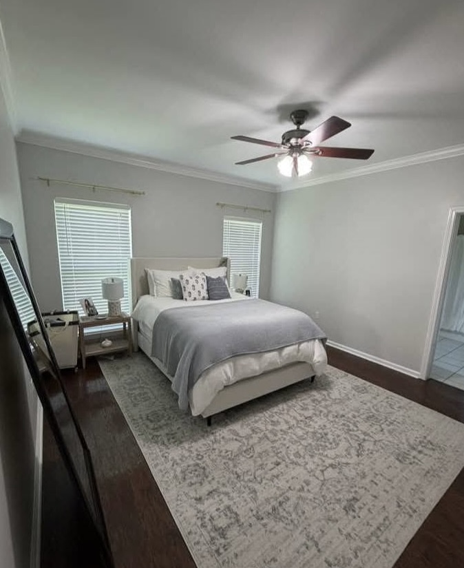 Modern bedroom with queen bed, ceiling fan, windows with shutters, dark wood flooring and area rug